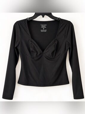 Trendy Queen Black Bustier Deep V Long Sleeve Going Out Top M